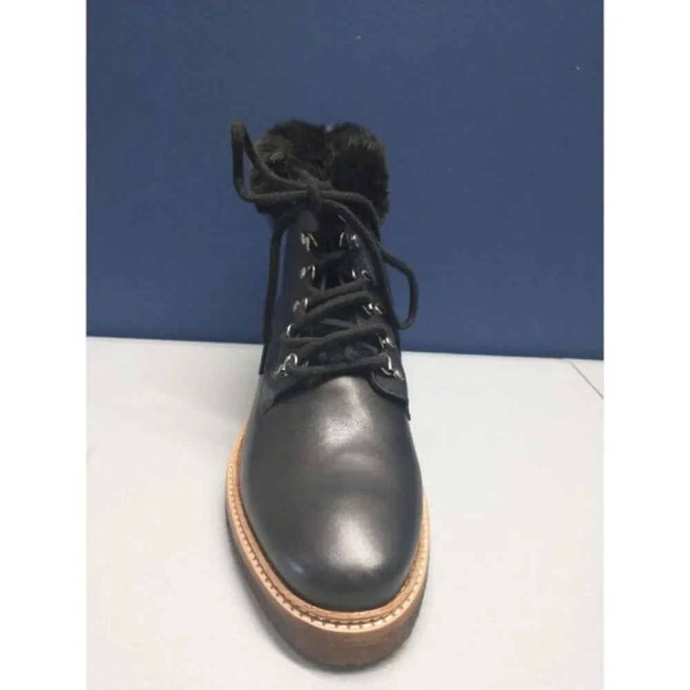 Botkier Mocha Winter Boots Women Size 7.5 Black Genuine Leather Fur Trim Lace Up
